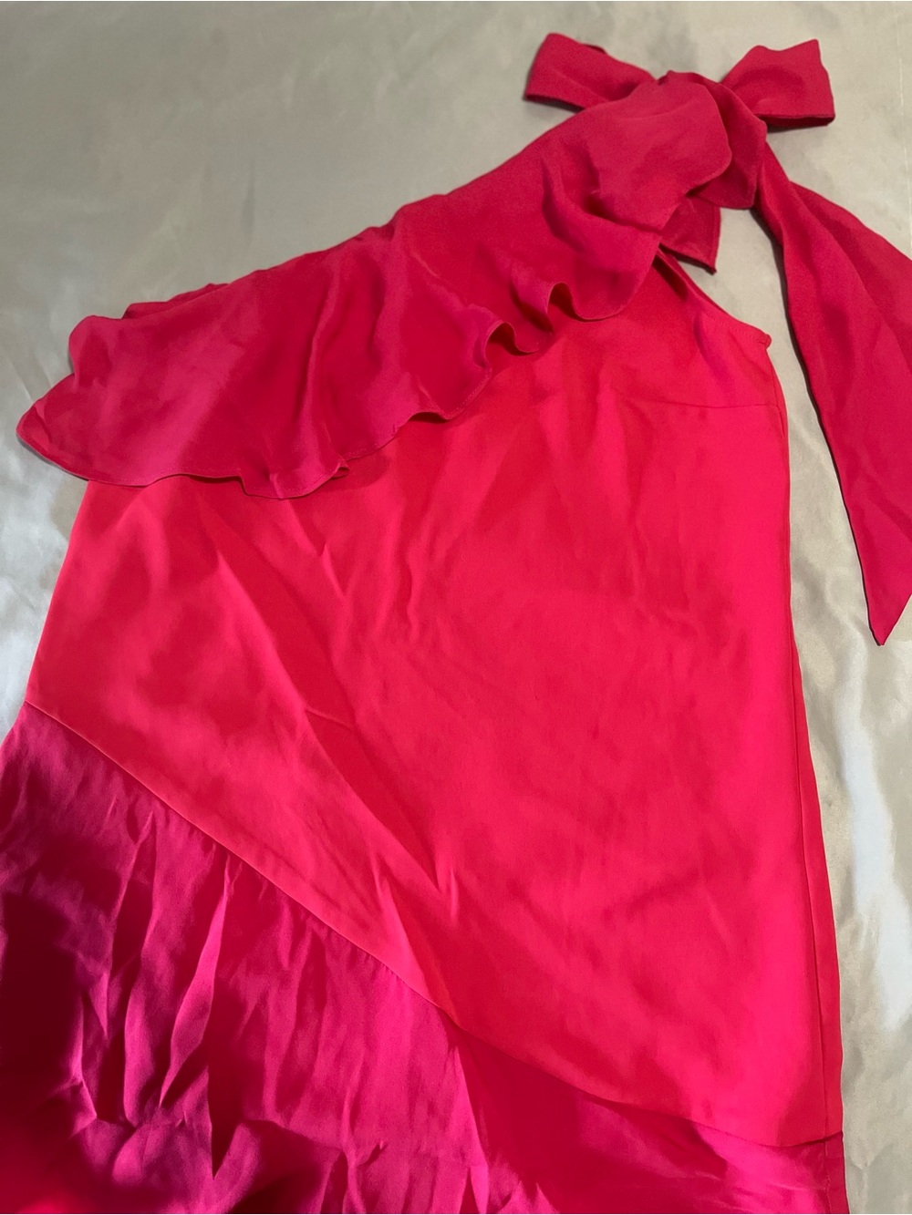 Parker Eden Silk Tiered One-Shoulder Ruffle Mini Dress Hot Pink Fuchsia Size S - Picture 8 of 9